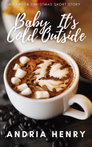 The cover of Baby, It's Cold Outside: A Camden Christmas Short Story shows a mug of hot chocolate with marshmallows floating in it.