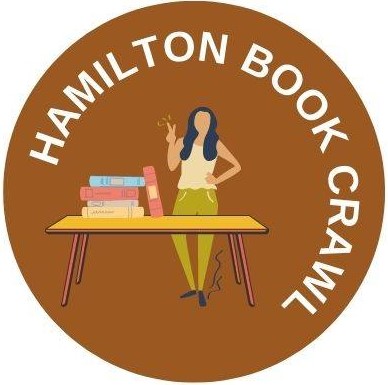 A brown circle show an illustrated person standing behind a table that has books on it and reads Hamilton Book Crawl